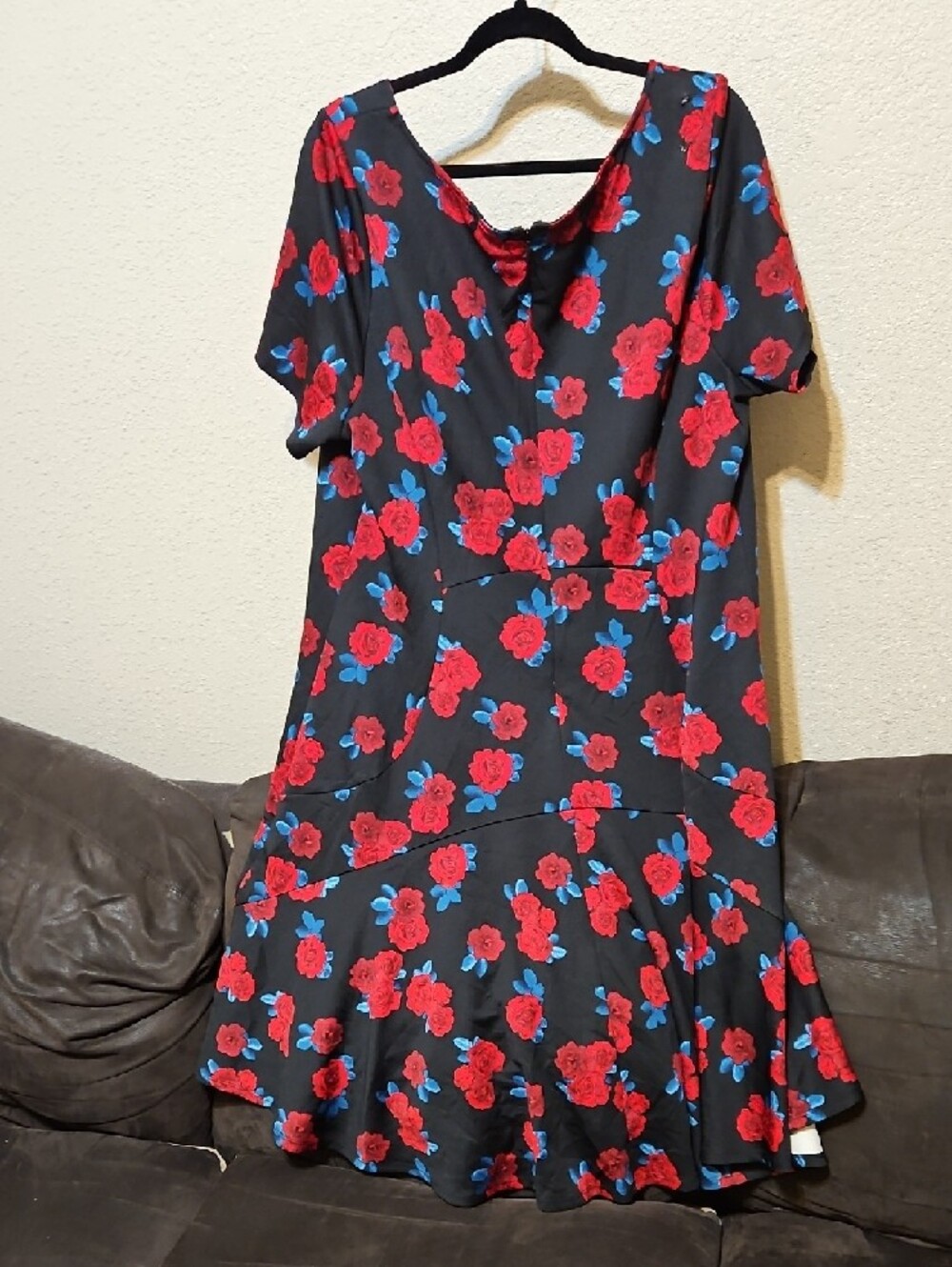 Lane Bryant Black Midi Dress with Red Rose and Blue Leaf Accents - Picture 5 of 10
